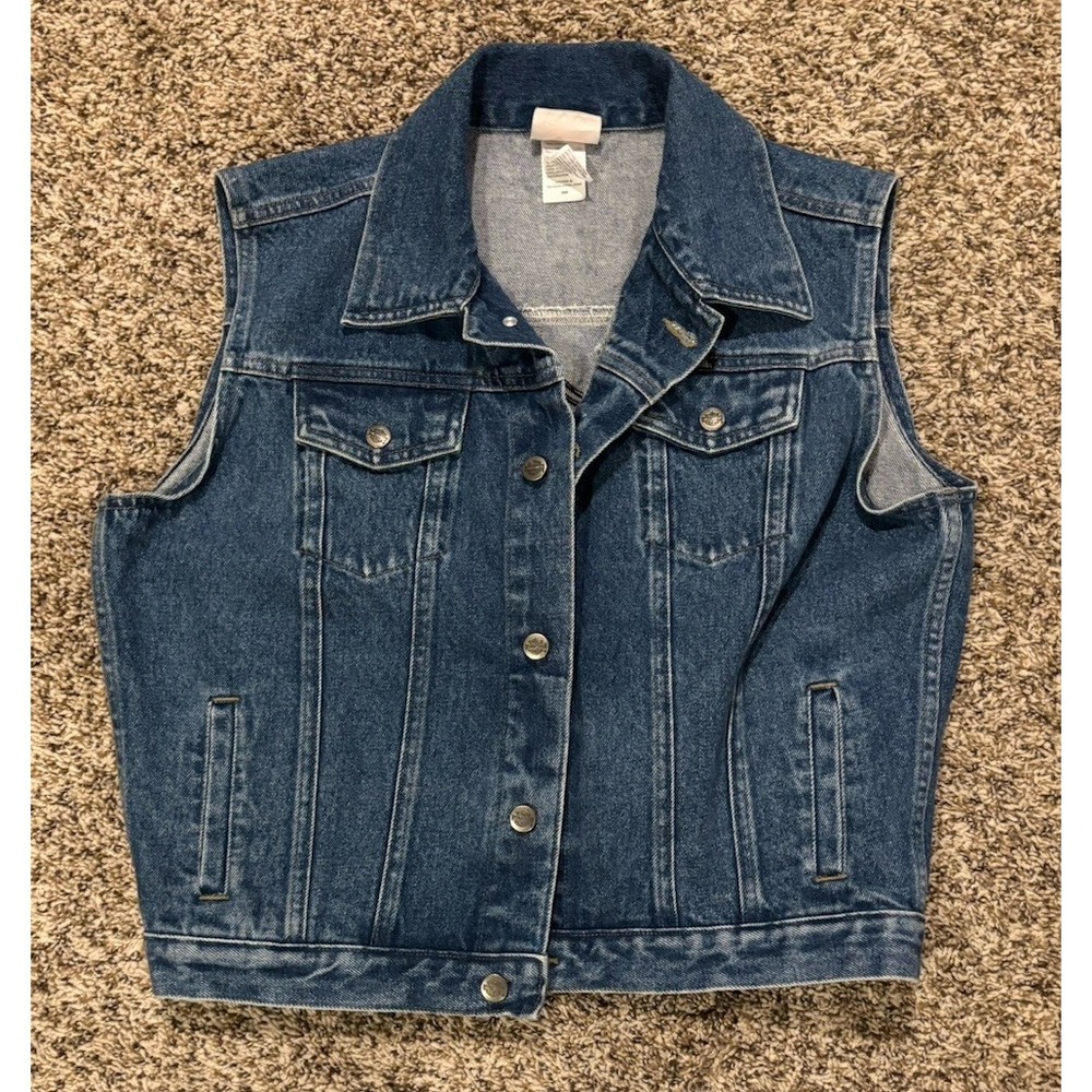Harley Davidson Blue Jean Denim Sleeveless Vest Button Up Logo Women’s Large